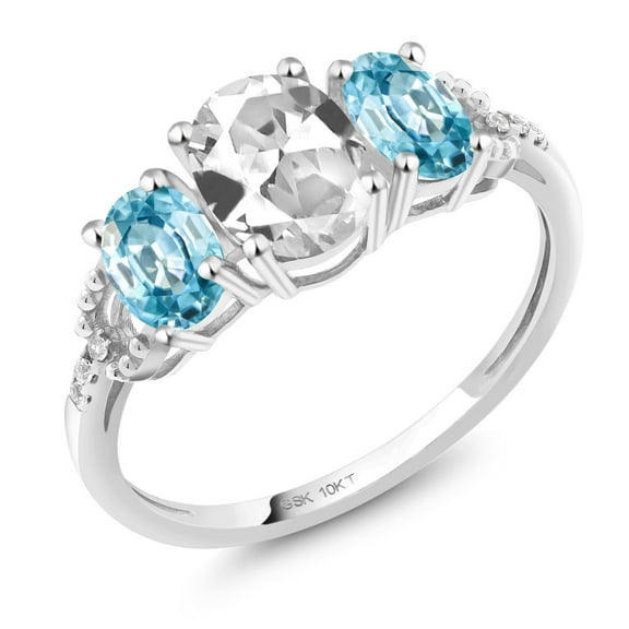 Gem Stone King 10K White Gold Oval White Created Sapphire Blue Zircon and Diamond Engagement Ring for Women (2.32 Cttw, Size 7)