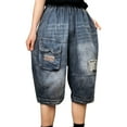 thumbnail image 1 of Aayomet Womens Jeans Elastic Waist Ripped Stitching Shorts Cropped Jeans (Dark Blue, L), 1 of 5