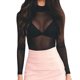 thumbnail image 3 of Blusa de malla de manga larga para mujer, elegante, transpirable, elástica, ajustada, transparente, color negro, talla M, 3 of 12
