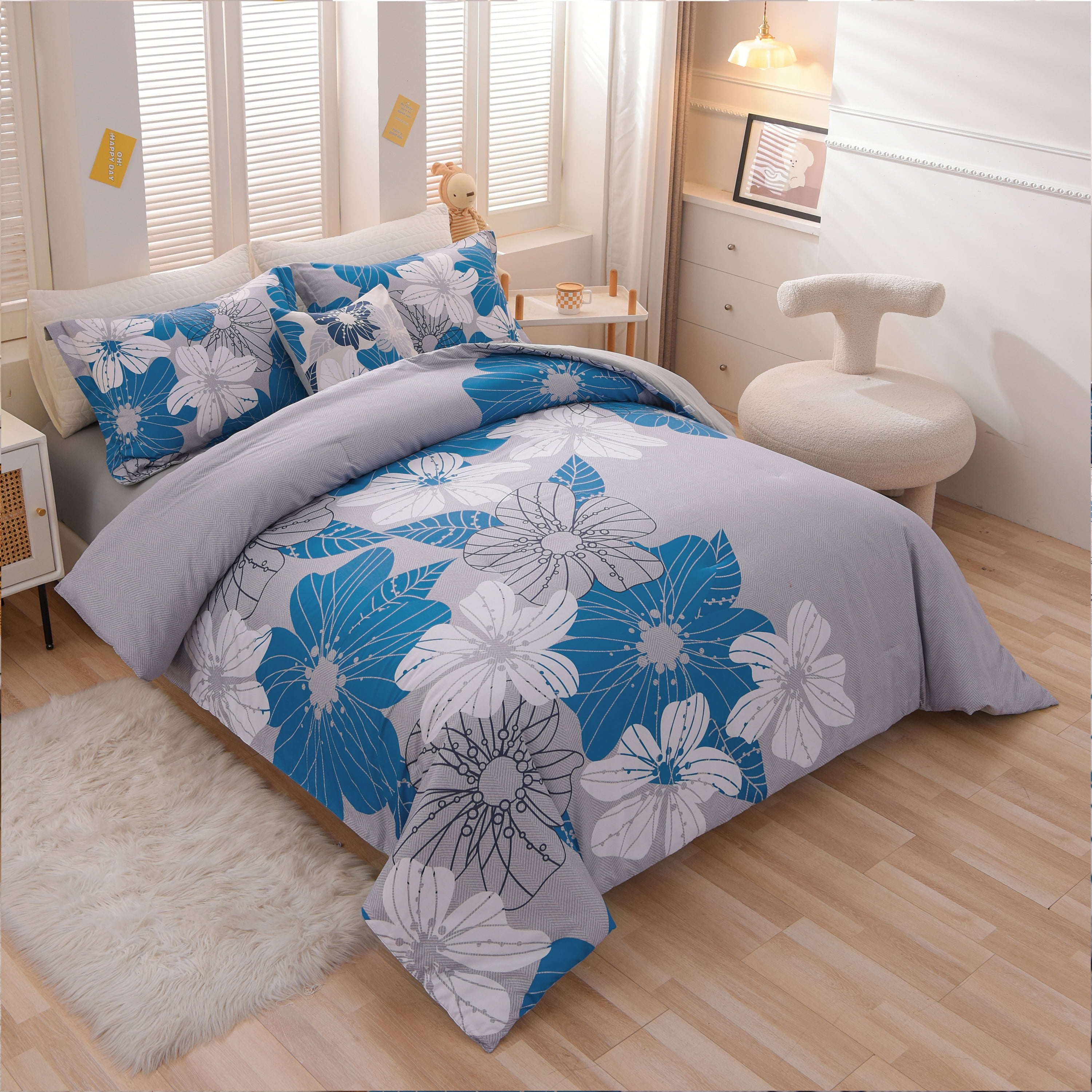 Btargot 6PCS Bed-in-a-Bag Queen Blue Flower Comforter Set Adult Soft Botanical Boho Bedding Set