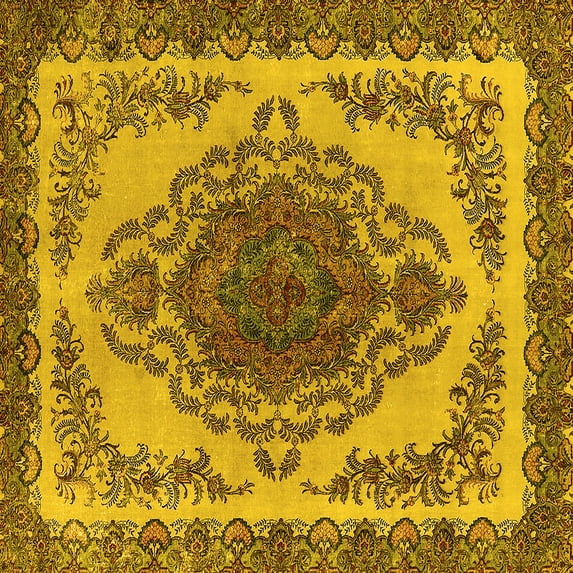 Ahgly Company Machine Washable Indoor Square Oriental Yellow Industrial Area Rugs, 8' Square