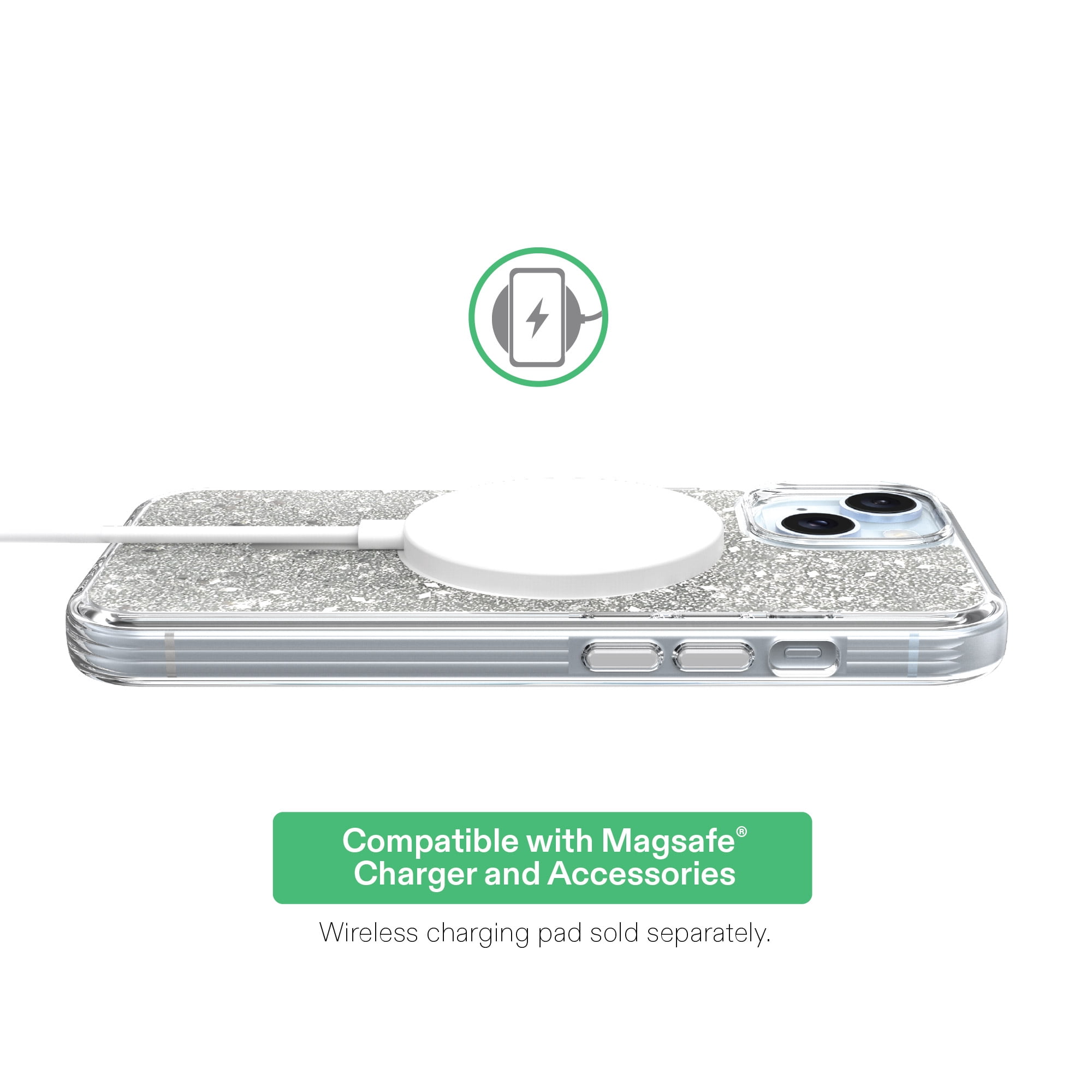 onn Phone Case for iPhone 17e / 16e / 15 / 14 / 13, MagSafe Compatible - Silver Glitter Fleck