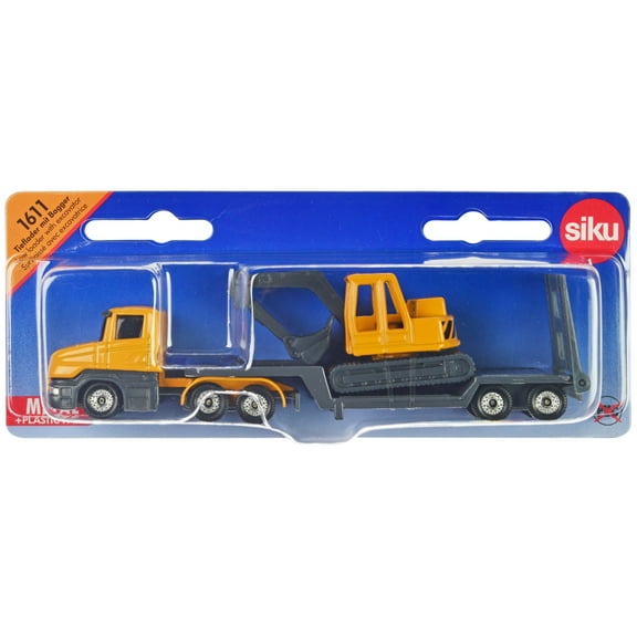 Truck with Low Loader Trailer and Excavator Yellow Diecast Model by Siku