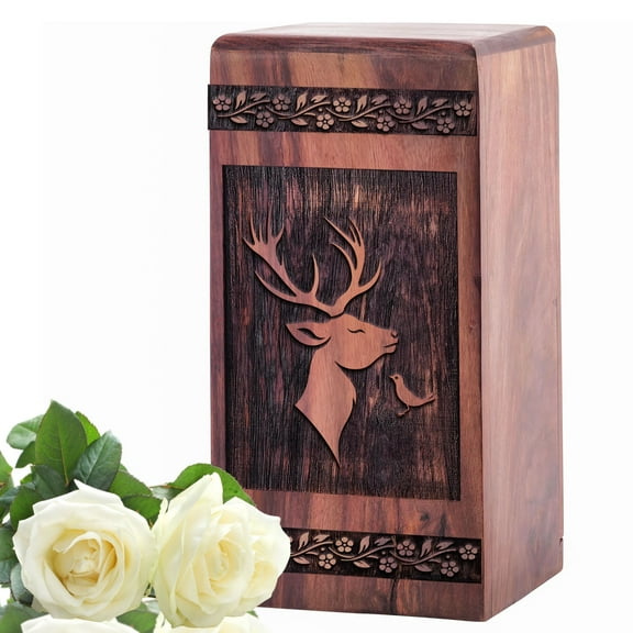 KARYLIZ Deer Wooden Urn For Ashes Adult Male For Burial - Large Memorial Urns For Human Ashes - Wooden Decorative Box For Adult Female - 14 Inch