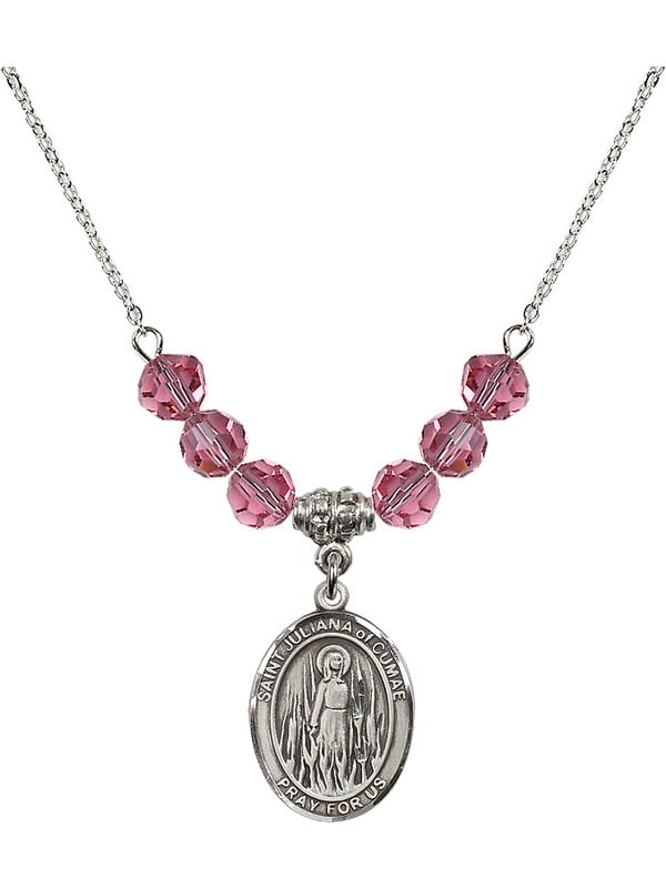 Bonyak Jewelry 18 Inch Rhodium Plated Necklace w// 6mm Rose Pink October Birth Month Stone Beads and Saint Rafka Charm