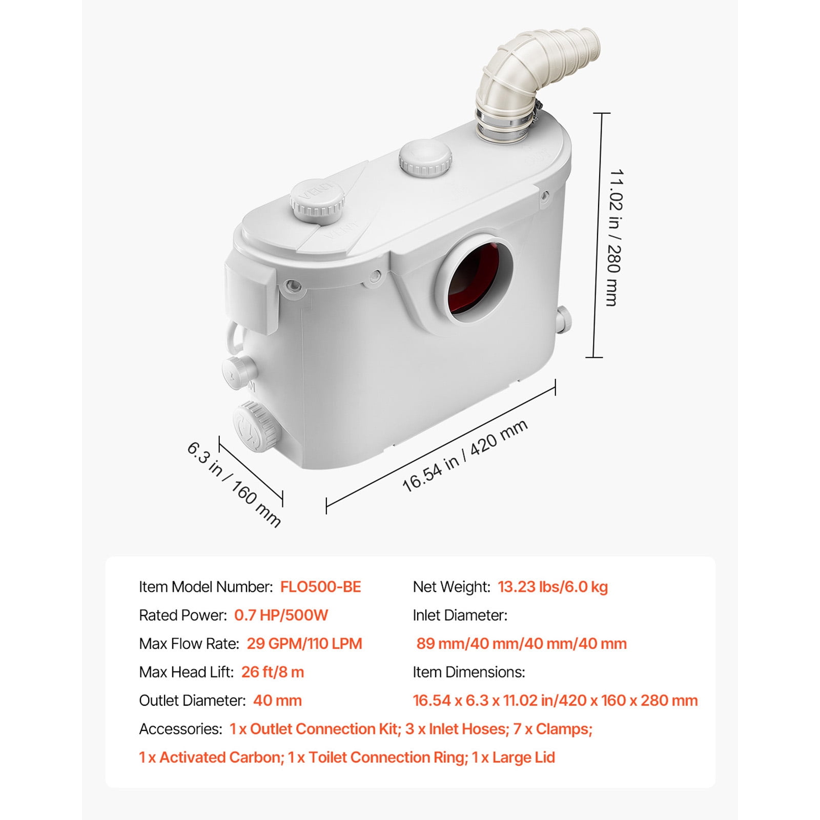KFFKFF Effluent Water Pump, 500W, Capable of 29 GPM Flow, Elevation Reach 26 ft/8 m, Sanitation Pump Featuring 4 Water Entry Points, Designed for Efficient Waste Liquid Management in Toilet