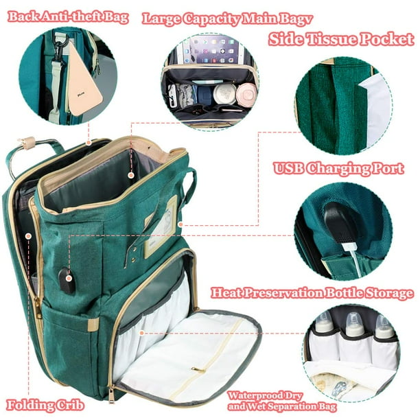 Travel Diaper Bag Backpack for Baby Portable Waterproof Mommy Crib Multi Functional Baby Bed Bag with Changing Station Bed and USB Charging Port