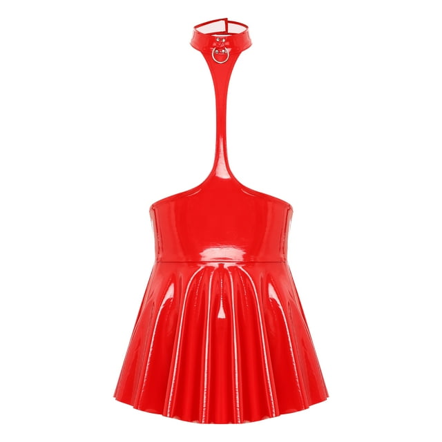 Jowowha Women Wet Look PVC Leather Cupless Ruffled Dress Halter Sleeveless Backless Mini Dress Lingerie Clubwear Red L