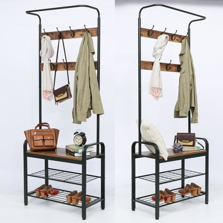 Entry Coat Rack Bench 73in High 3-Tier Entryway Coat Shoe Rack Bench Hall Tree Storage Organizer, Vintage Metal and Wood Hall Tree with Storage Bench Shoe Rack with 7 Hooks, Metal Frame, Brown, 1 PCS ()