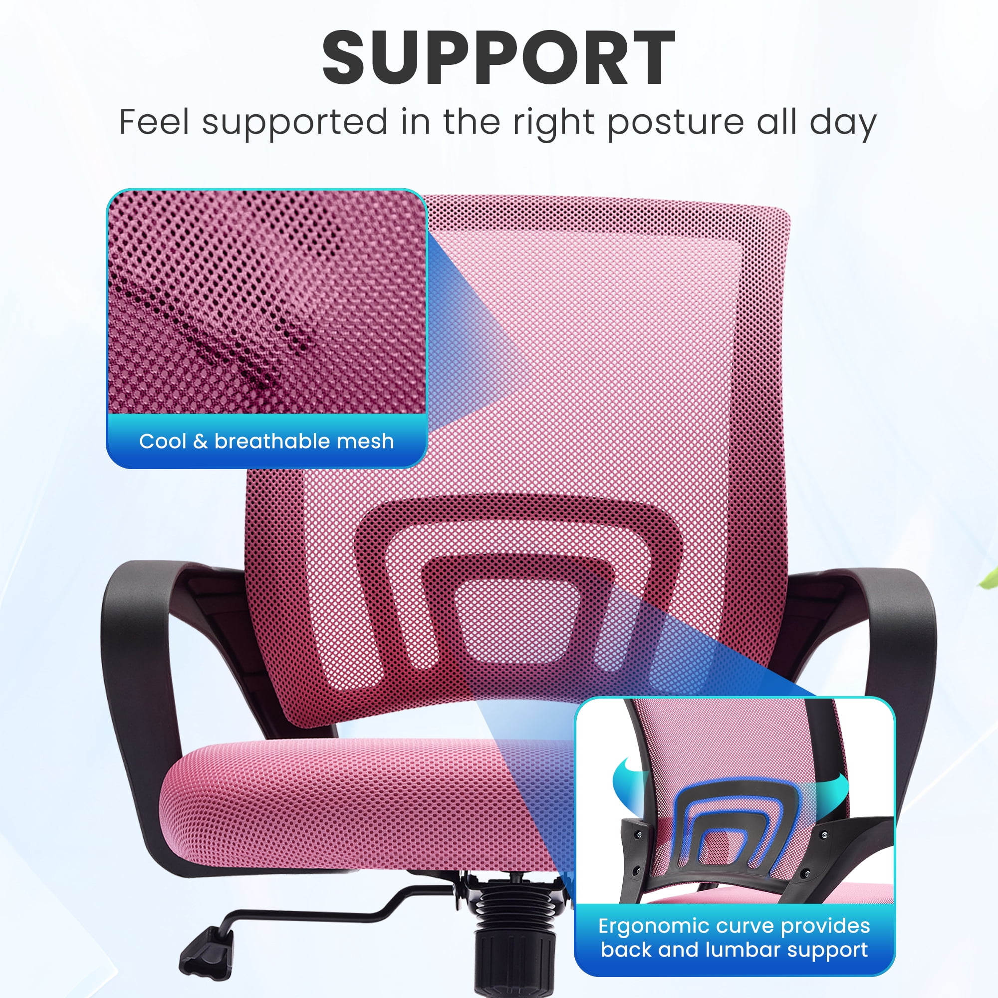 JONPONY Ergonomic Office Chair，Swivel Desk Chair with Lumbar Support, Adjustable Height with Armrests for Adults,Pink
