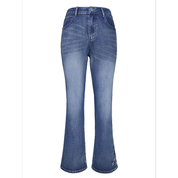 Women's Floral Embroidery Mid Waist High Stretch Bootcut Jeans with Pockets Blue S