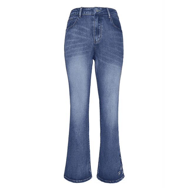 Women's Floral Embroidery Mid Waist High Stretch Bootcut Jeans with Pockets Blue L