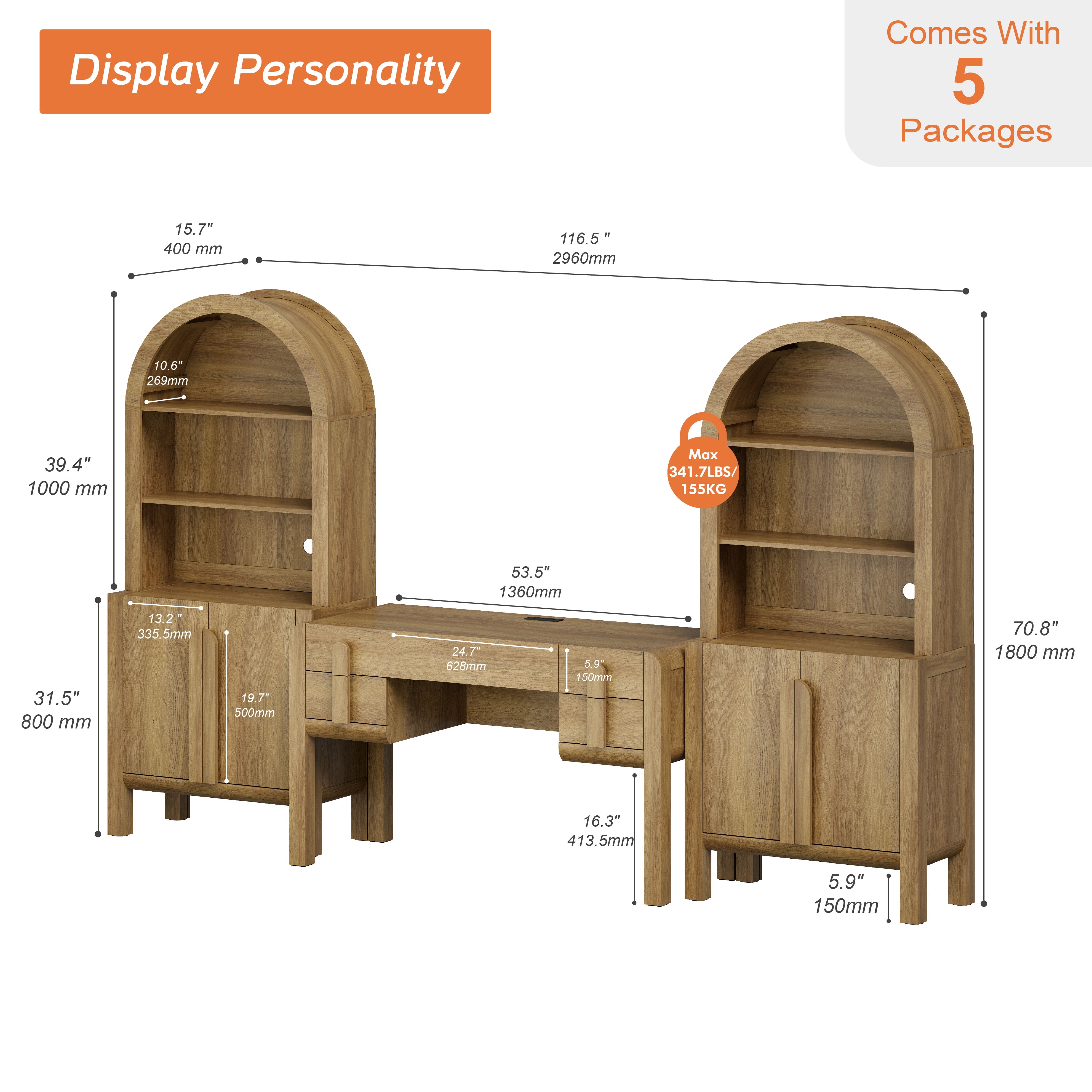 Home Office Set, 53.5" Modern Executive Desk with Charging Station and Drawers & 2 Piece 71"H Tall 5-Tier Arched Bookcases with Storage Cabinet for Living Room, Bedroom, Home Office