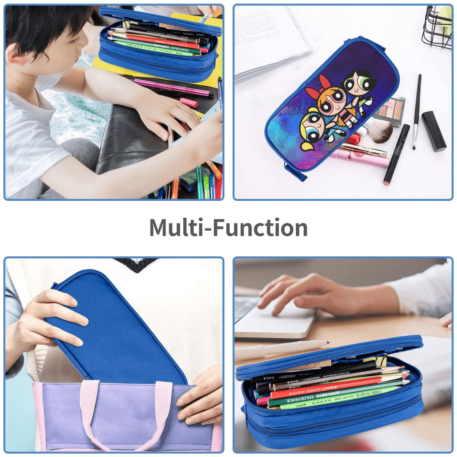 The Powerpuff Gi-rls Pencil Case Large Capacity Pencil Pouch Penbag Office Stationery Organizer Travel Makeup Bag Blue