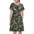 thumbnail image 1 of Kdxio Flamants Roses et Feuilles de Palmier Imprimé Robe T-Shirt Décontractée pour Femmes Été Manches Courtes Robes Évasées avec Poches, 1 of 6