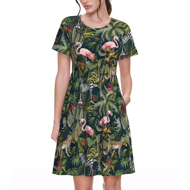 Balery Flamingos And Palm Leaves Vestidos sueltos de manga corta para mujer, vestidos de verano 2025, vestidos casuales de corte A con vuelo.