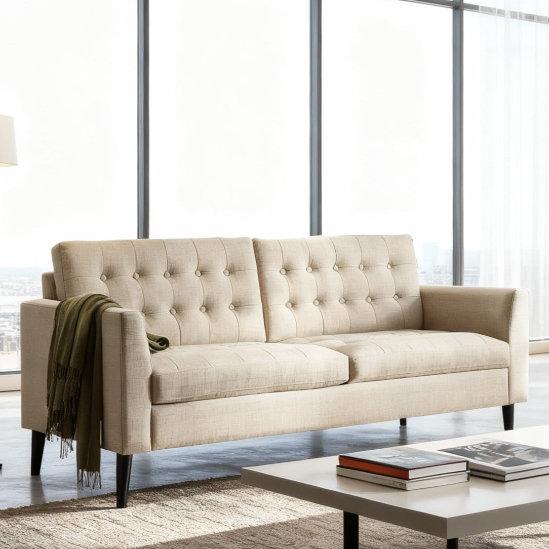 Gewnee Beige 68-Inch Linen Loveseat Sofa - 2-Seater Upholstered Couch with Solid Rubberwood Legs, 100% Linen Fabric & Button-Tufted Backrest for Living Room/Bedroom