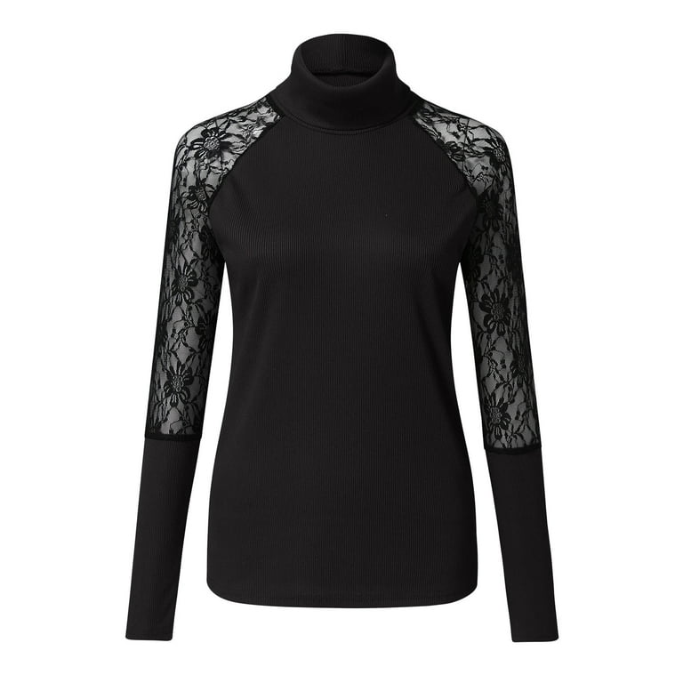 Black Long Sleeve Shirt Women Lace Sheer Sleeve Turtleneck Fall
