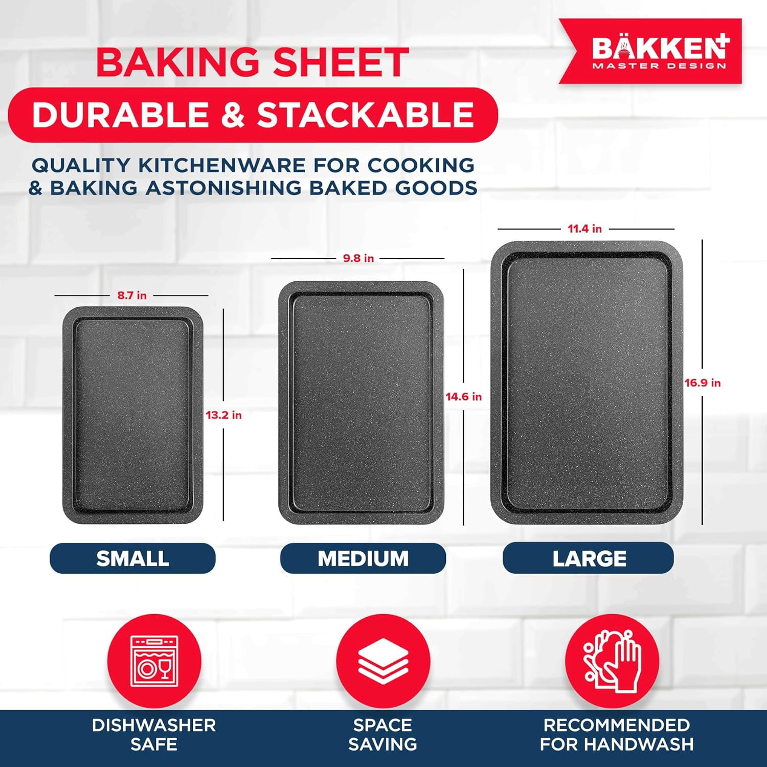 Bakken- Swiss 3-Piece Kitchen Baking Pan Set - Commercial Grade Carbon Steel Bakeware with Nonstick Coating, Stackable and Space-Saving Design, Oven Safe Tray (up to 450°F), Gray Marble