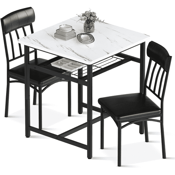 MOOSENG Faux Marble Dining Table Set | Compact Bistro Table with 2 Upholstered Chairs | Built-in Storage Rack 3-Piece Modern Dining Set for Kitchen & Dining