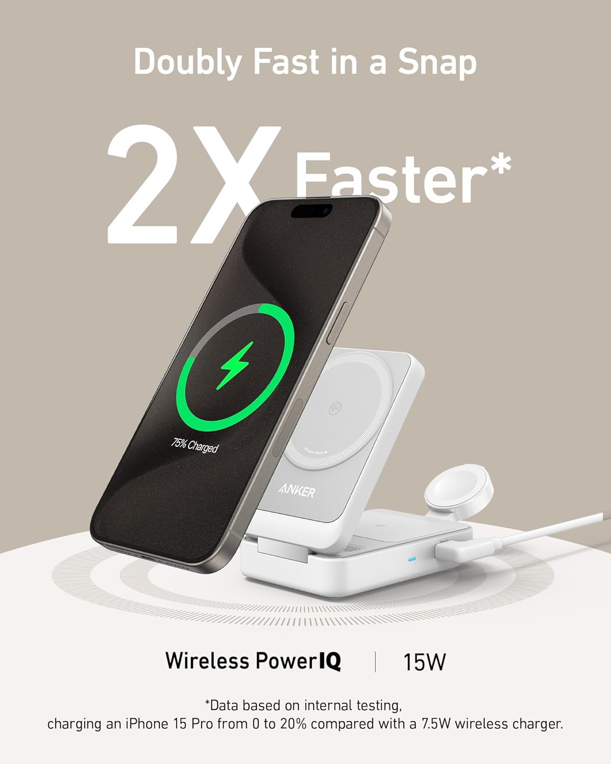 Anker MagGo 3 in 1 MagSafe-Compatible Wireless Charger Stand, Qi2 Certified 15W Foldable Charger, compatible for iPhone 17/16/15, AirPods, Apple Watch Ultra(Adapter Included)