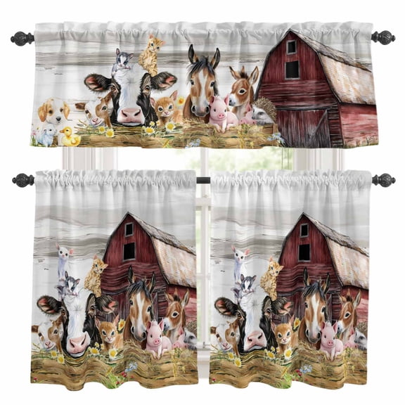 Farmhouse Animals Kitchen Curtains Sets for Windows 36 Inch Length, Cow Pig in Fence Retro Wood Barn Rod Pocket Window Treatments Tier Curtains and Valances Set for Bedroom/Bathroom