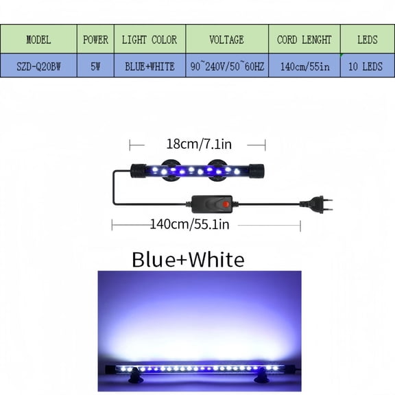 Aquarium Light with Blue & White LEDs, Fish Tank Lamp for Freshwater, 5 Sizes (7in to 22.8in), 220V US Plug, 5W-12W