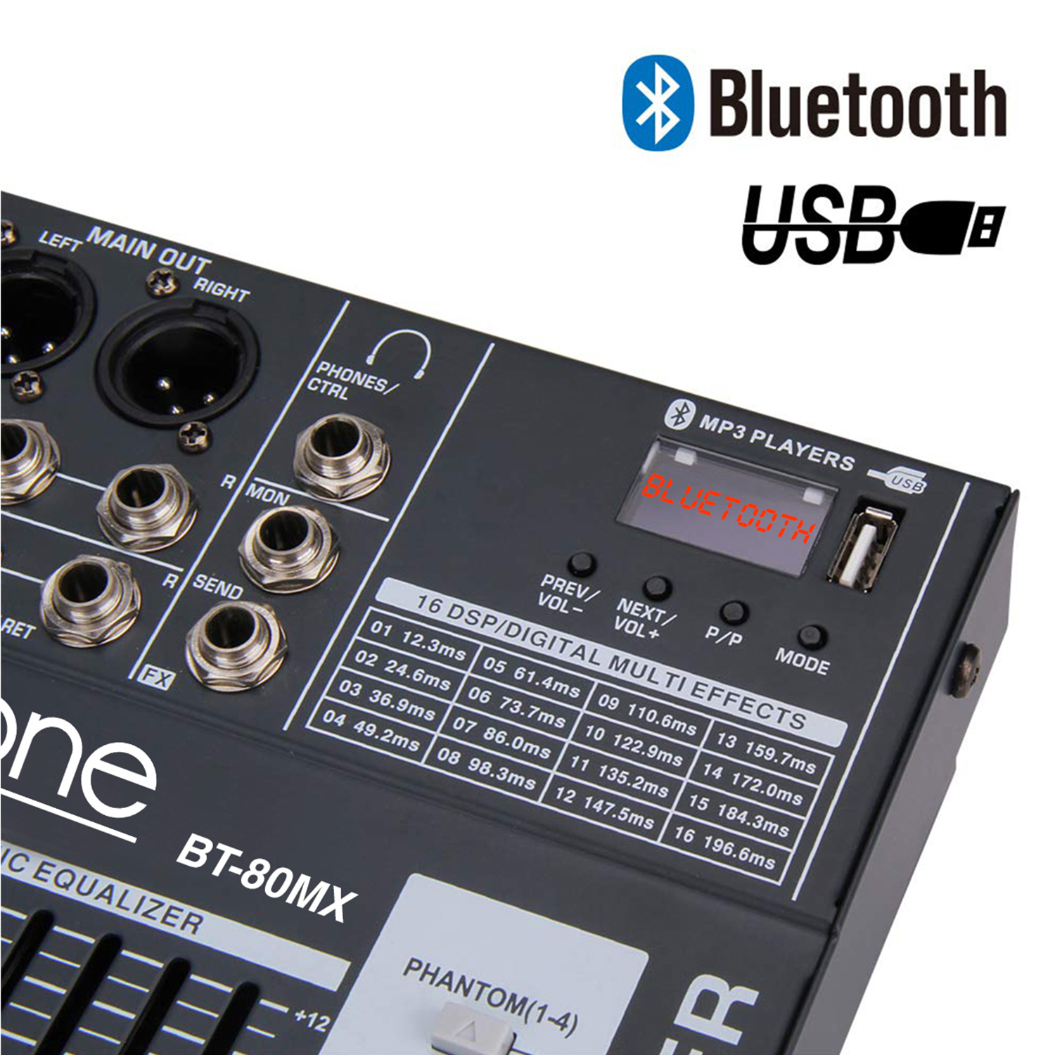 Boytone BT-80MX 8-Channel Bluetooth Studio Audio Mixer DJ Sound Controller, 7 Band Equalizer, 16 Effects, USB Port MP3, XLR Microphone Jack, RCA Input/output, DSP Echo, Headphone Jack, Recording
