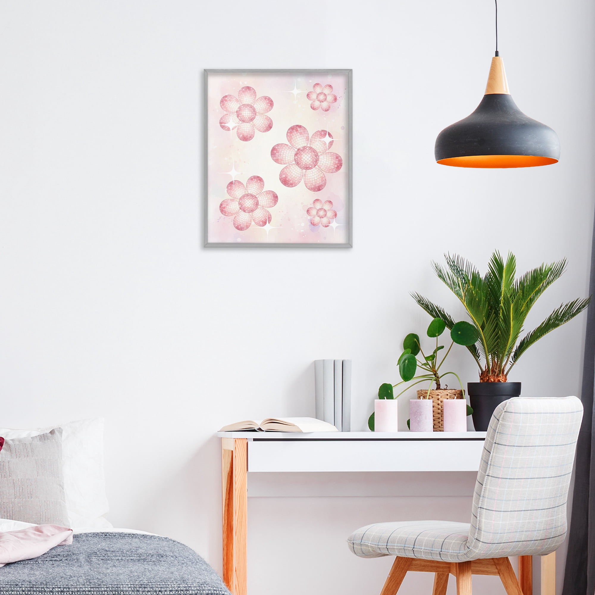 Stupell Industries Disco Ball Floral Patterns Gray Framed Giclee Art, design by Lil' Rue
