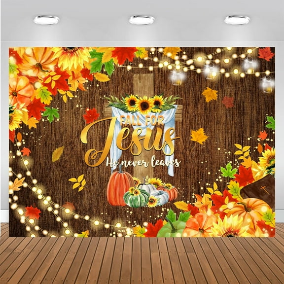 Fall for Jesus He Never Leaves Backdrop Autumn Pumpkin Thanksgiving Party Decorations Banner Fall Pumpkin Harvest Cross Photography Background Photo Booth Props