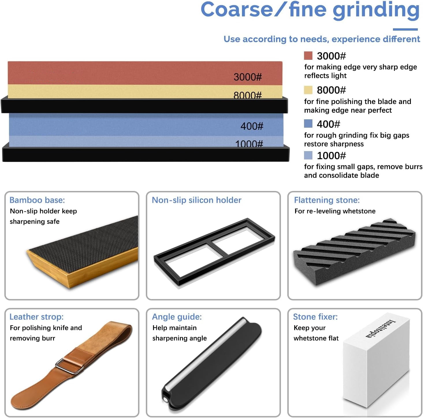 Knife Sharpening Stone Set – Dual Grit Whetstone 400/1000 3000/8000 Knife Sharpener with Leather Strop, Flattening Stone, Bamboo Base, 3 Non-slip Rubber Bases & Angle Guide