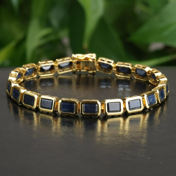 Bluebelljewels Women's 14K Yellow Gold Finish Blue Cubic Zirconia Link Tennis Bracelet