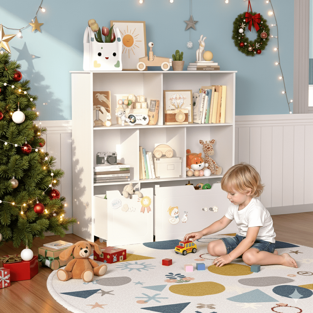 BRINJOY 3-Shelf Kids Bookcase Storage Organizer with 2 Movable Drawers
