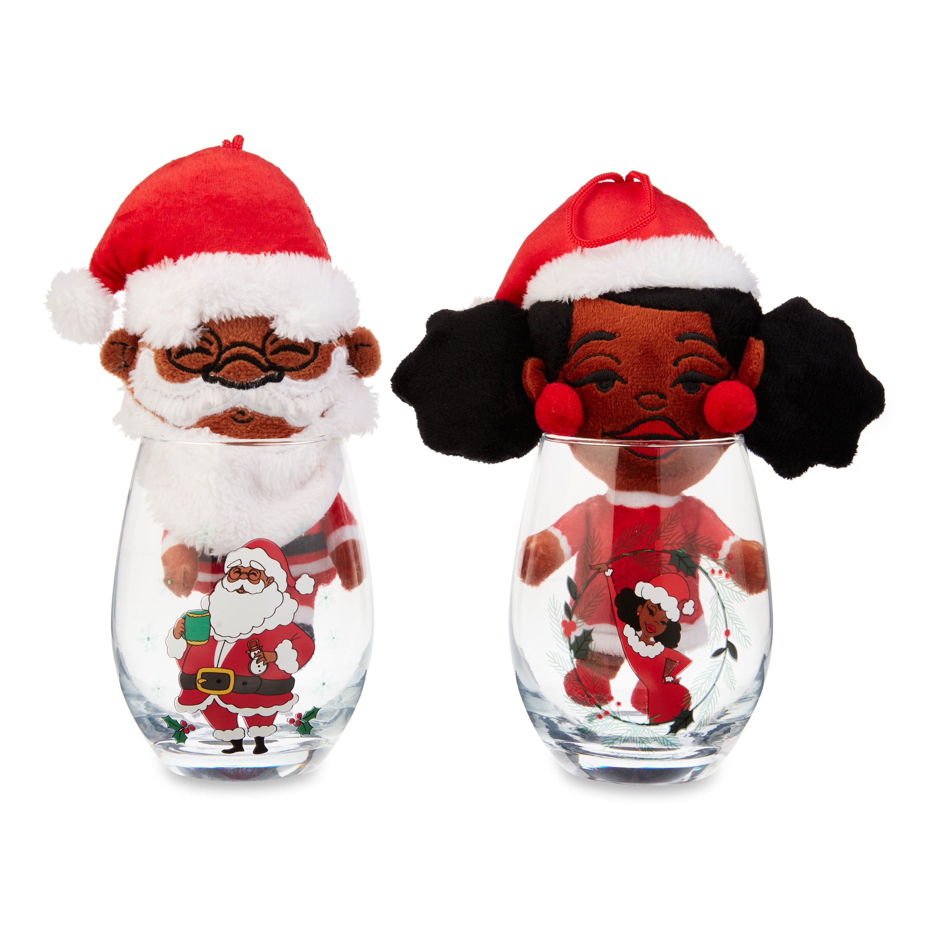 Black Paper Party Stemless Wineglass and Ornament 2 Pack, Papa Claus and Aunt Holly 7 inch Tall Plush Ornaments, 13.5 Ounce Wineglass, Red, Online Only