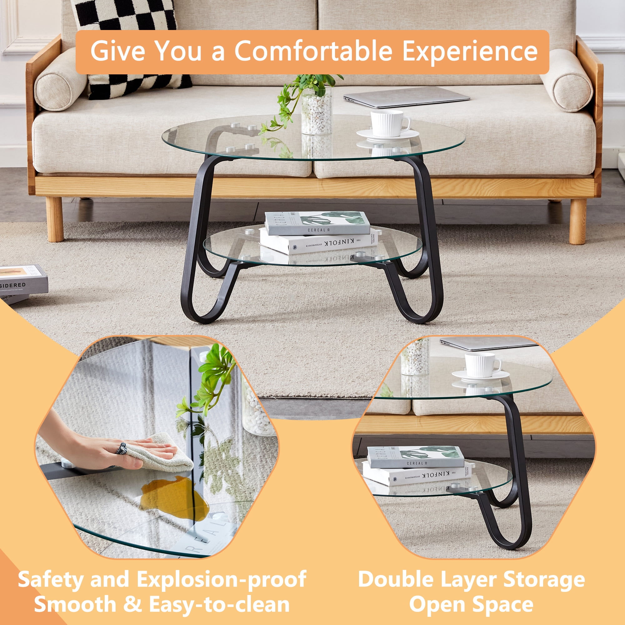 Retro Minimalist Metal Frame Coffee Table, 31.5 Inch Square Cocktail Table with Double Layer Tempered Glass Top, Vintage Style Center Table for Living Room