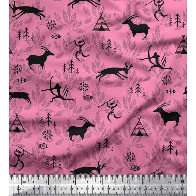 Soimoi Silk Fabric Reindeer,Tent & Human African Print Sewing Fabric Yard 42 Inch Wide