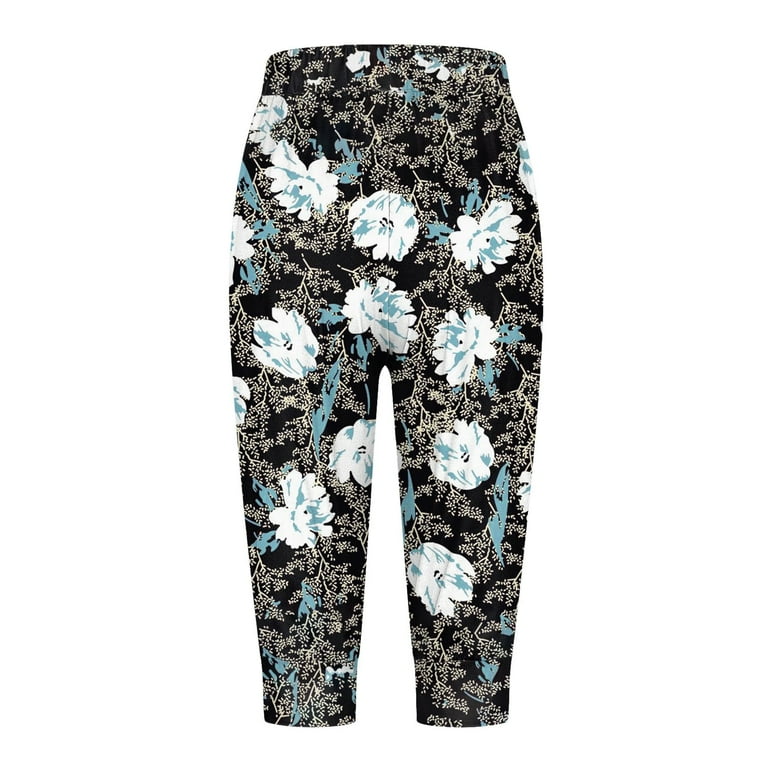 Puliio Womens Pants Flower Print Elastic Waist Drawstring