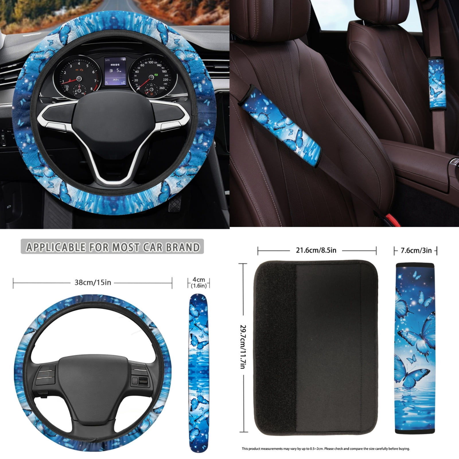 Yuyamidu 15pcs Blue Butterfly Car Seat Cover Split Cover Fashion Car Floor Mats Steering Wheel Cover Seatbelt Pads Auto Handbrake Cover Set Cup Coasters