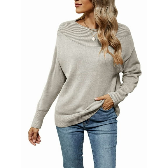 Women'S Casual Long Sleeve Sweaters Loose Knit Solid Pullover Sweater Jumper Tops Light Gray XL