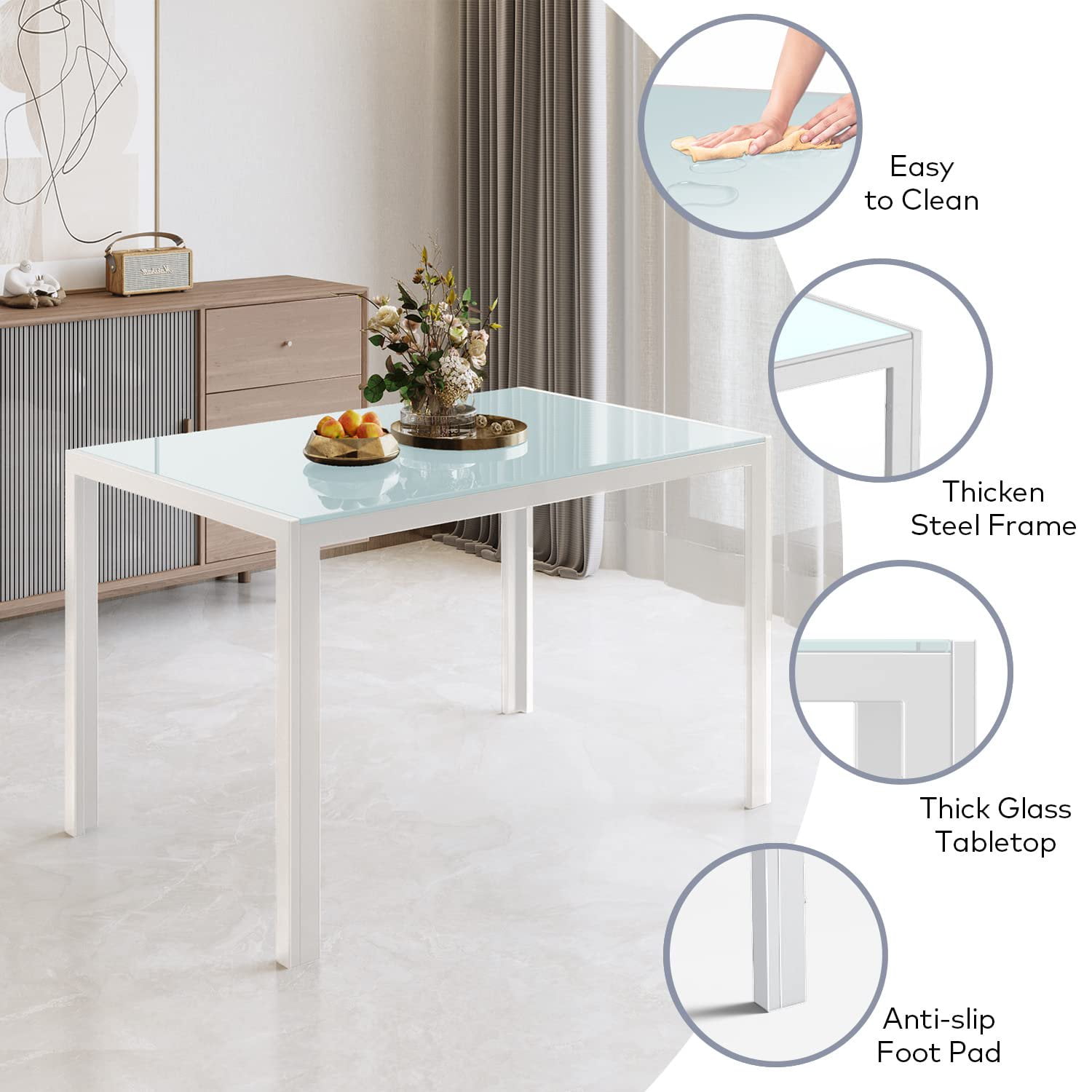 51 Inch Computer Writing Desk, White Tempered Glass Dining Table for Home Office