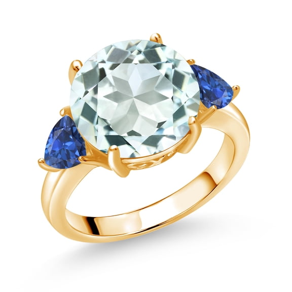 Gem Stone King 18K Yellow Gold Plated Silver Sky Blue Simulated Aquamarine and Blue Created Sapphire 3-Stone Ring for Women (7.78 Cttw, Round 12MM, Trillion 5MM, Size 5)