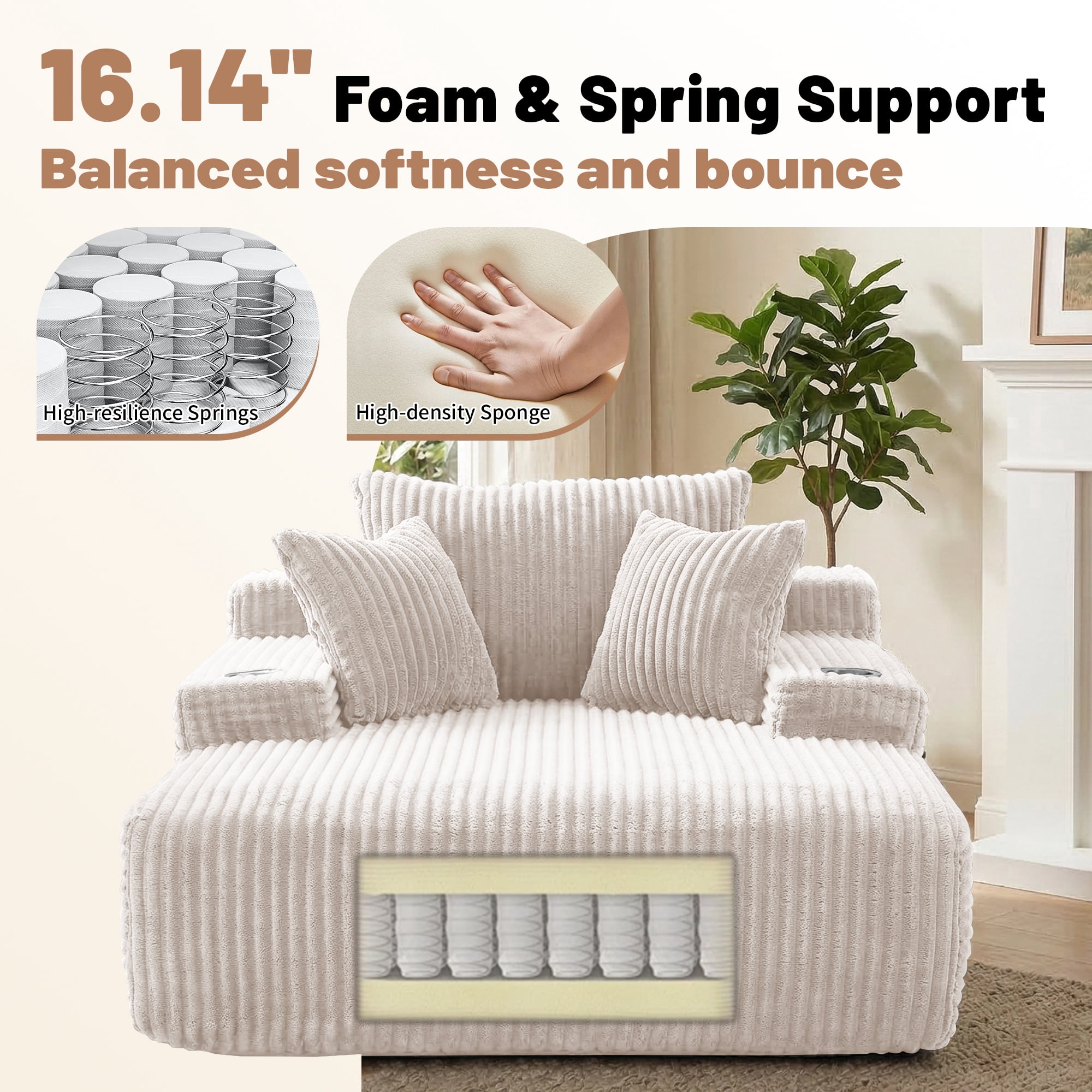 66 Inch Chaise Lounge Chair for Indoor Use, Oversized Corduroy Upholstered Boneless Sofa Bed, Deep Seat Sleeper Couch, No Assembly Required，800lb Support white