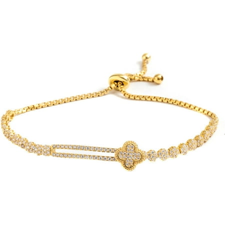 Pori Jewelers CZ 18kt Gold-Plated Sterling Silver Bar and Clover Friendship Bolo Adjustable Bracelet