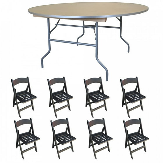 Pogo 72 Round Wood Banquet Folding Table And Chairs Black Chair