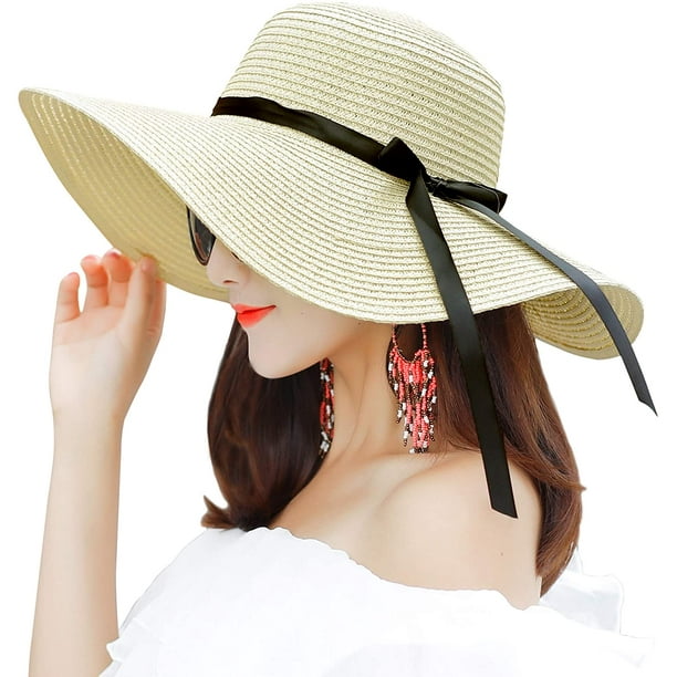 Women's Wide Brim Hat Sun Protection Straw Hat Floppy Foldable