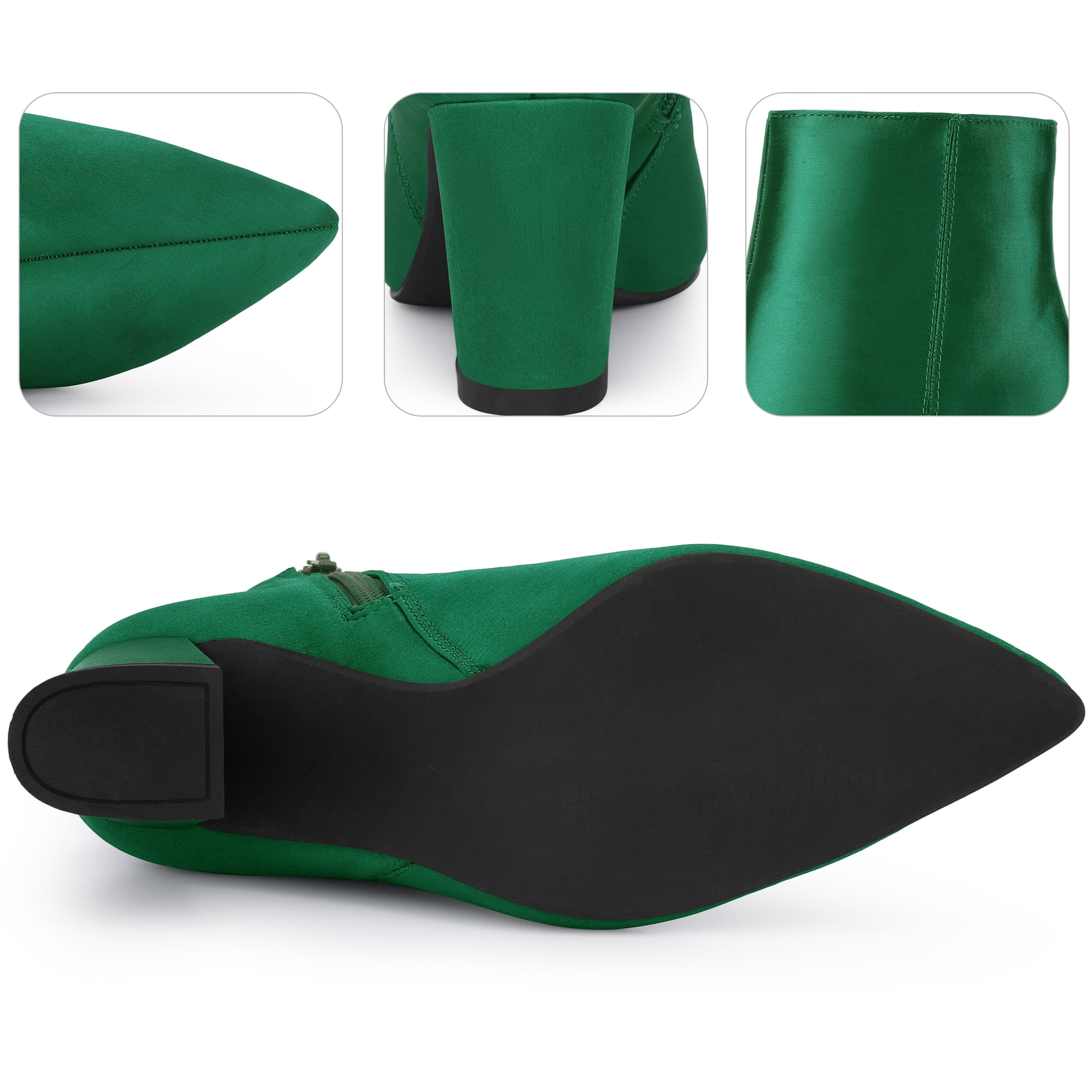 DARING DIVA Stylish Pointed Toe Chunky Heel Satin Ankle Boots Dark Green 8