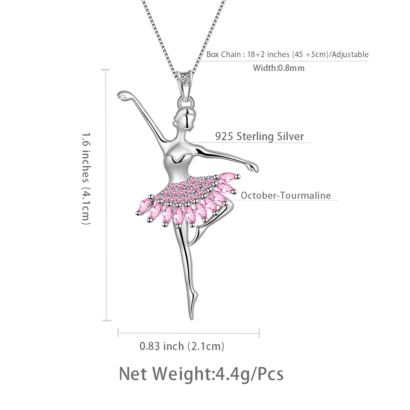 Juwaliy Pink Ballet Dancer Pendant Necklace, 925 Silver photo 5