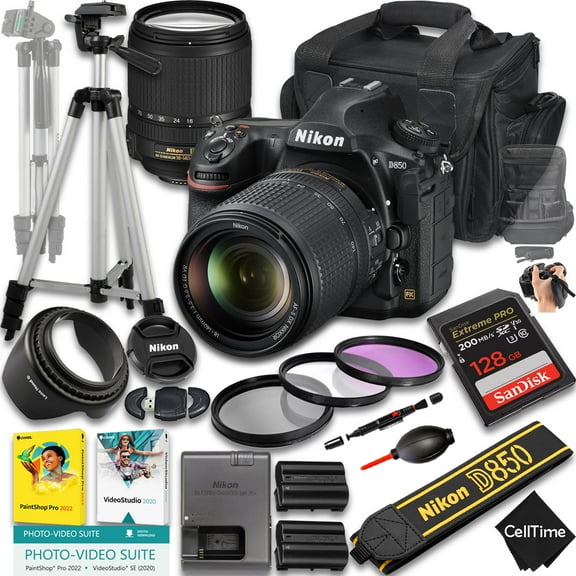 Nikon D850 DSLR Camera with AF-S DX NIKKOR 18-140mm f/3.5-5.6G ED VR Lens   128 GB Memory   Extra Battery   Camera Case   Tripod   More (22pc Bundle)