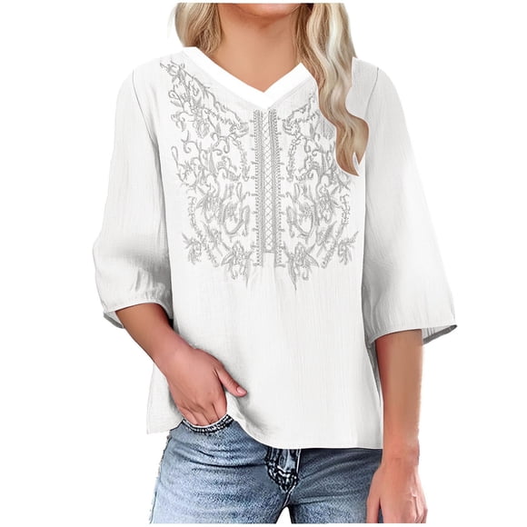 Tnhcen T-Shirts d'Été Vintage en Coton-Lin Brodé Col Rond pour Femmes / Grande Taille P-2TG / Tops Unis