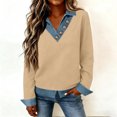 thumbnail image 6 of Women's Long Sleeve Shirts With Denim Collar Cuffs Buttons Decor V-Neck Tops Khaki M, 6 of 6